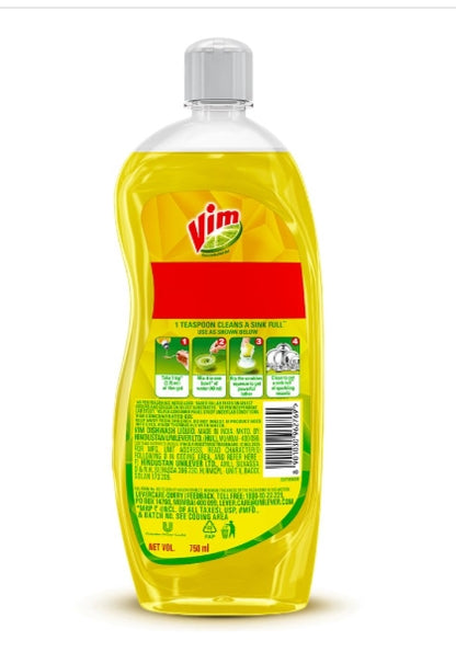 Vim Dishwash Liquid Gel Lemon, With Lemon Fragrance, Leaves No Residue, Grease Cleaner For All Utensils, 750 ml Bottle