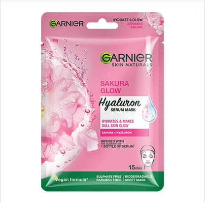 Garnier Sakura White Face Serum Sheet Mask - Hydrates & Brightens The Skin, 28 g