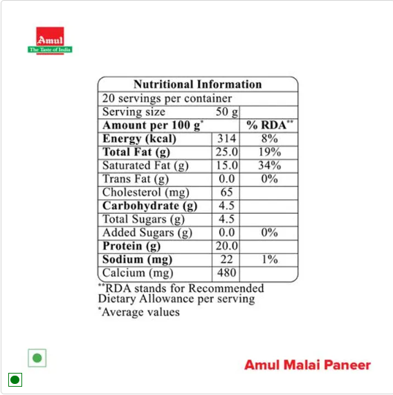 Amul Malai Paneer - Block, 1 kg Pouch