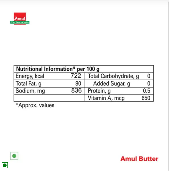 Amul Pasteurised Butter, 500 g Carton