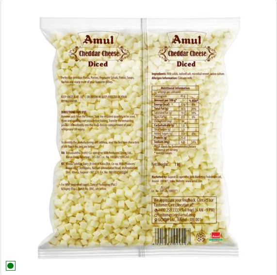 Amul Cheddar Cheese Diced, 1 kg Pouch