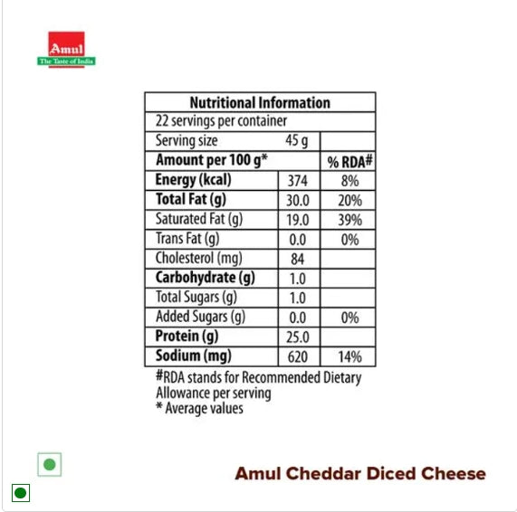 Amul Cheddar Cheese Diced, 1 kg Pouch