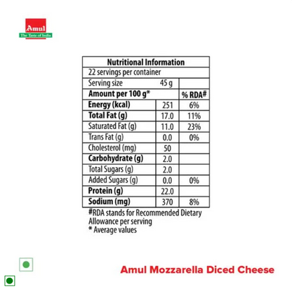 Amul Mozzarella Pizza Cheese Diced, 1 kg Pouch