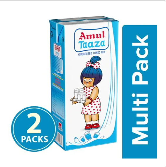 Amul Taaza Homogenised Toned Milk, 2x1 L Multipack