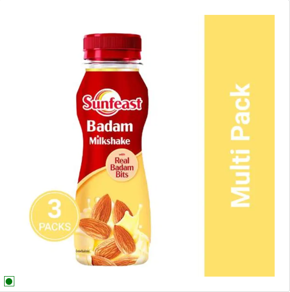 Sunfeast Badam Milkshake - With Real Almond Bits, Rich In Calcium & Protein, Thick, Creamy, 3x180 ml Multipack