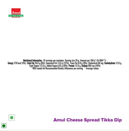 Amul Processed Cheese Spread - Tikka Dip, Made from 100% Pure Milk, 200 g Tub