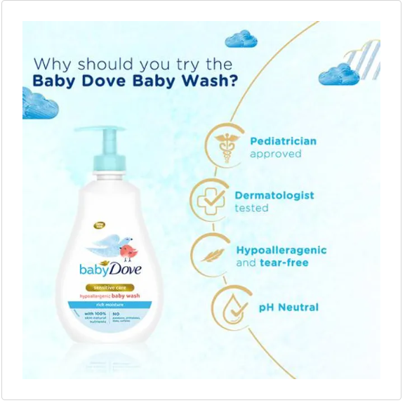 Baby Dove Rich Moisture Hypoallergenic Wash - Sensitive Care, Natural, No Parabens, 400 ml