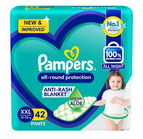 Pampers All-Round Protection Diaper Pants - XXL, 15-25 kg, Ultra Absorb Core, Leakage Prevention for upto 12 Hours, 42 pcs