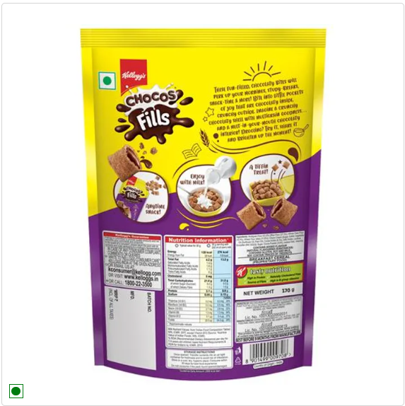 Kelloggs Chocos Fills - Double Chocolaty, Multigrain, High In Protein & B Vitamins, 0% Maida, Anytime Snack, 160 g