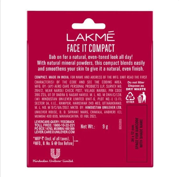 Lakme Compact - Face It, Matte Finish Powder For Instant Glow, 9 g Pearl