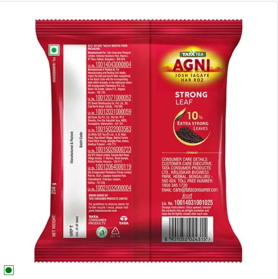 Tata Tea Agni Special Blend Tea - 10% Extra Strong Leaves, Perfect Aroma & Taste, 250 g Pack