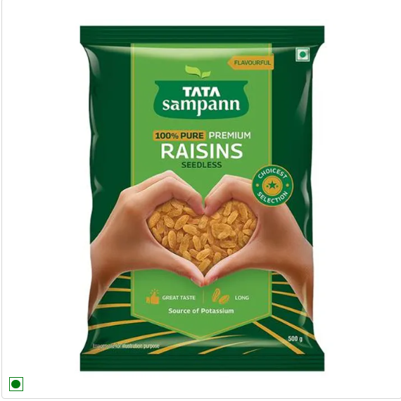 Tata Sampann 100% Pure Premium Raisins Seedless - Premium Quality Kishmish, Source Of Potassium, Premium Dry Fruits, 500 g Pouch