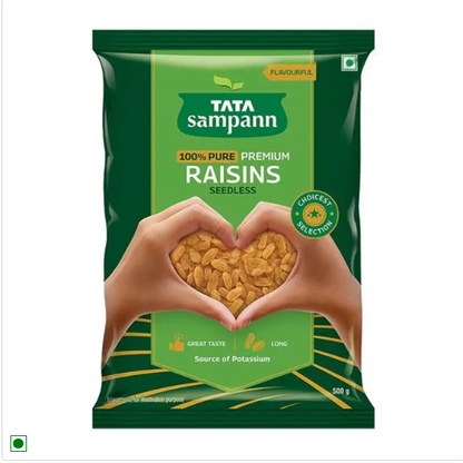 Tata Sampann 100% Pure Premium Raisins Seedless - Premium Quality Kishmish, Source Of Potassium, Premium Dry Fruits, 500 g Pouch