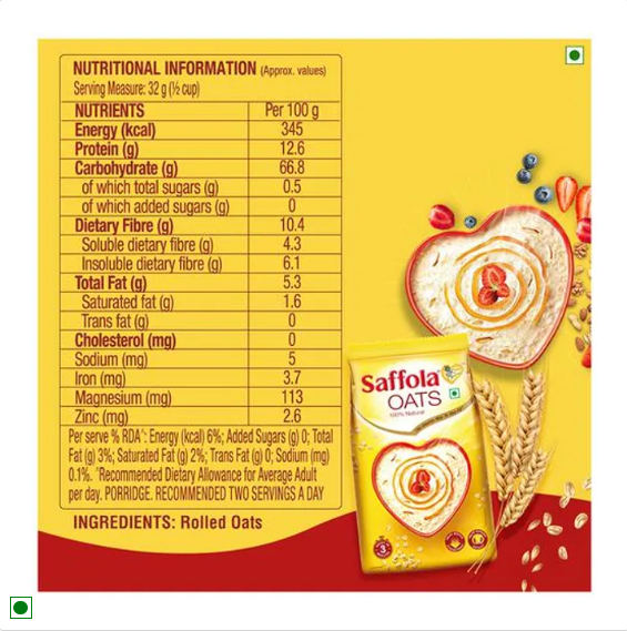 Saffola Oats - 100% Natural With High Protein & Fibre, Healthy Cereals, Creamy, 1 kg Pouch