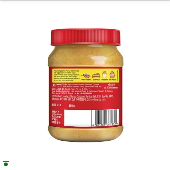 Saffola Peanut Butter With Jaggery, Crunchy - No Refined Sugar, 850 g Jar