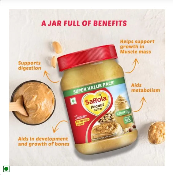 Saffola Peanut Butter With Jaggery, Crunchy - No Refined Sugar, 850 g Jar