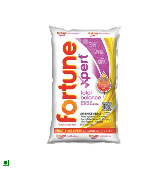 Fortune Xpert - Total Balance Oil, Blend Of Rice Bran, Soyabean & Flaxseeds, Rich In Omega 3, 1 L Pouch