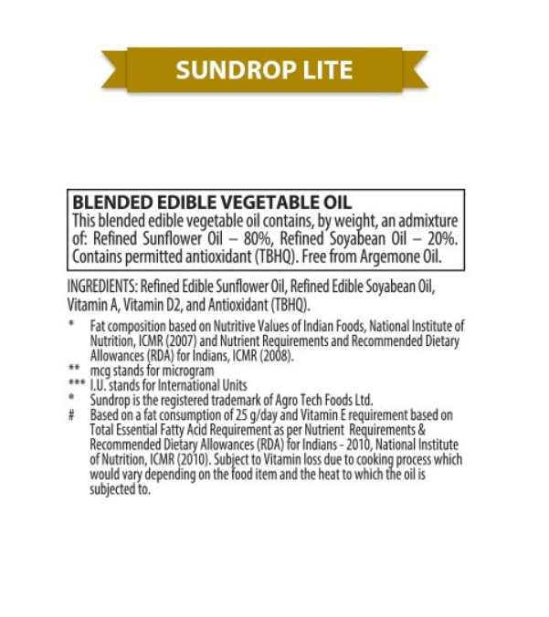 Sundrop Lite - Cooking Oil, 1 L Pet Bottle