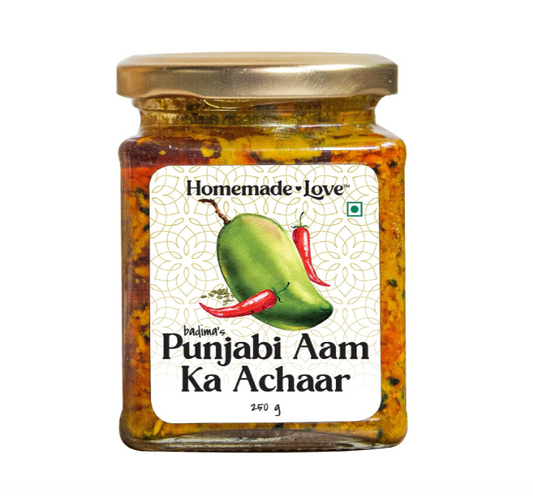 Homemade Love Authentic Punjabi Mango Pickle | Spicy & Tangy Aam Ka Achaar with Raw Mango, and spices mixed with mustard oil (250g