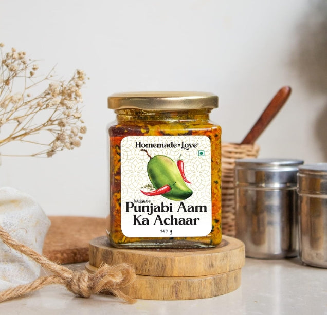 Homemade Love Authentic Punjabi Mango Pickle | Spicy & Tangy Aam Ka Achaar with Raw Mango, and spices mixed with mustard oil (250g