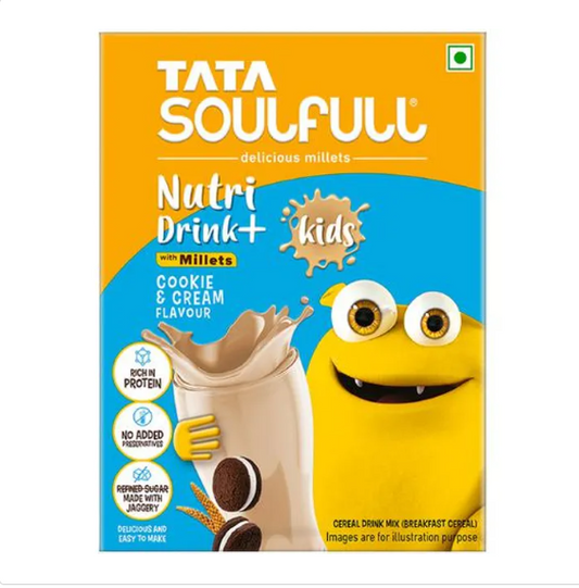 Tata Soulfull Nutri Drink+ For Kids - With Millets, Cookie & Cream Flavour, 200 g Box