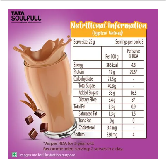 Tata Soulfull Nutri Drink+ For Kids - With Millets, Chocolate Brownie Flavour, 200 g Box