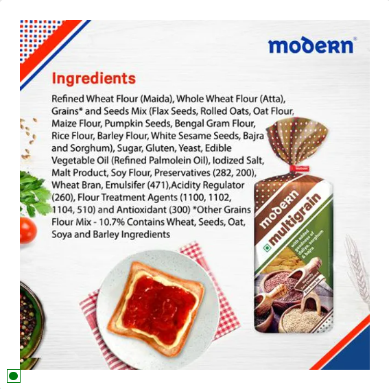 MODERN Multigrain Bread - With Added Daliya, Sorghum & Bajra, 0% Trans Fat, 400 g