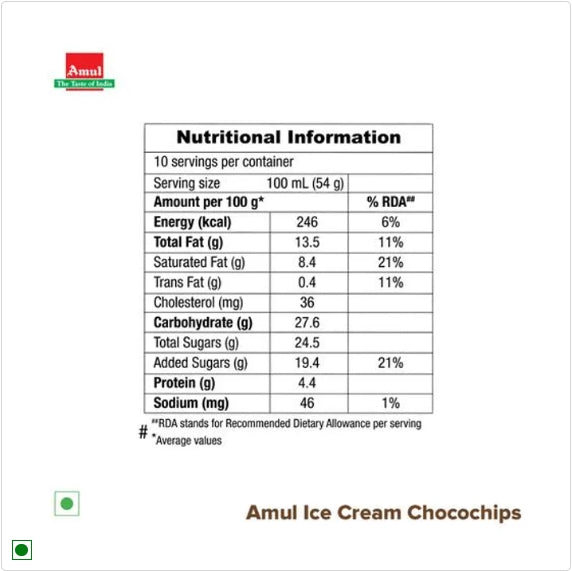 Amul Ice Cream - Choco Chips, Real Milk, 1 L Tub