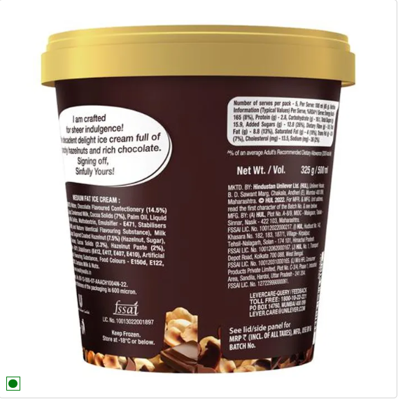 kwality walls Hazelnut Chocolate Ice Cream, 500 ml Tub