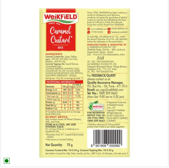 Weikfield Caramel Custard Mix - Caramel Flavor Sets Without Refrigeration - Contains No Eggs, 70 g Carton