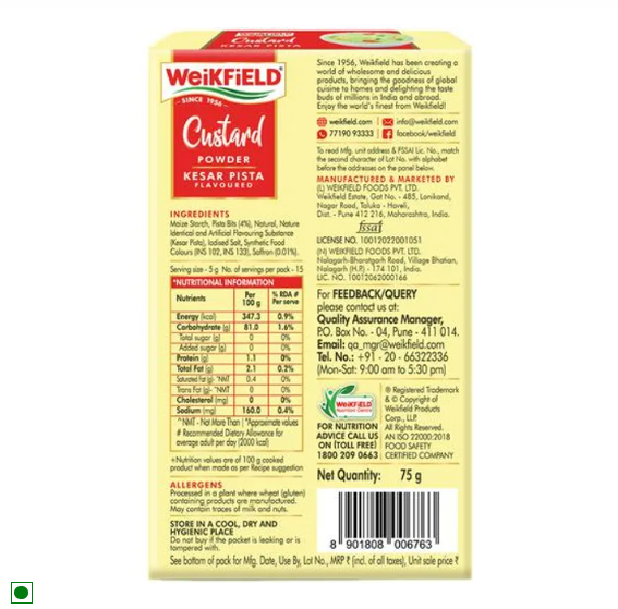 Weikfield Custard Powder - Kesar Pista Flavour, Makes Smooth & Creamy Custard, Contains Quality Ingredients, 75 g Carton