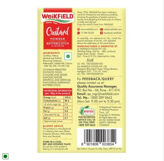 Weikfield Butterscotch Custard Powder - Makes Smooth & Creamy Custard Best For Fruit Salads & Puddings, 100% Vegetarian, 75 g Carton