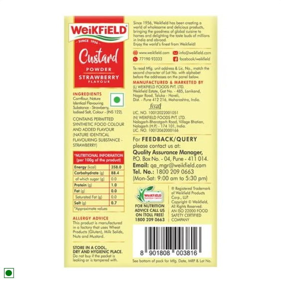 Weikfield Custard Powder - Strawberry Flavour, Makes Smooth & Creamy Custard, Contains Quality Ingredients, 75 g Carton