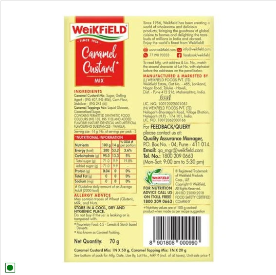 Weikfield Caramel Custard Mix - Caramel Flavor Sets Without Refrigeration - Contains No Eggs, 70 g Carton