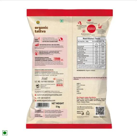 Organic Tattva Wheat Flour (Atta), 5 kg Pouch