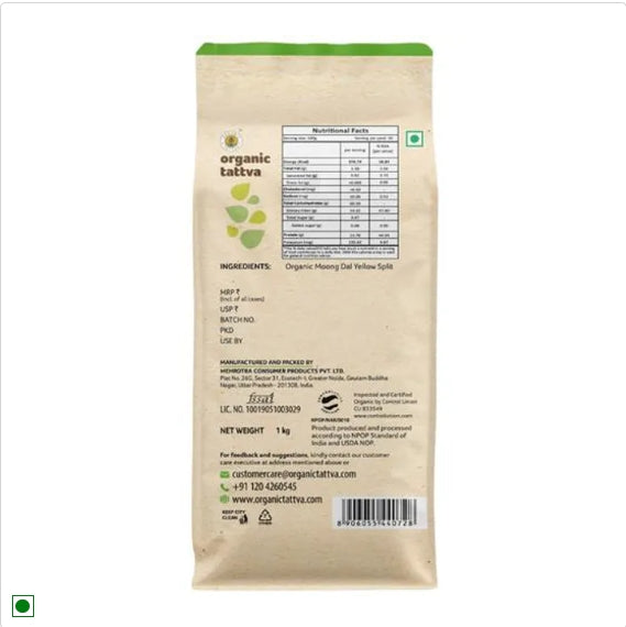 Organic Tattva Organic Moong Dal/Dhuli, 1 kg Pouch