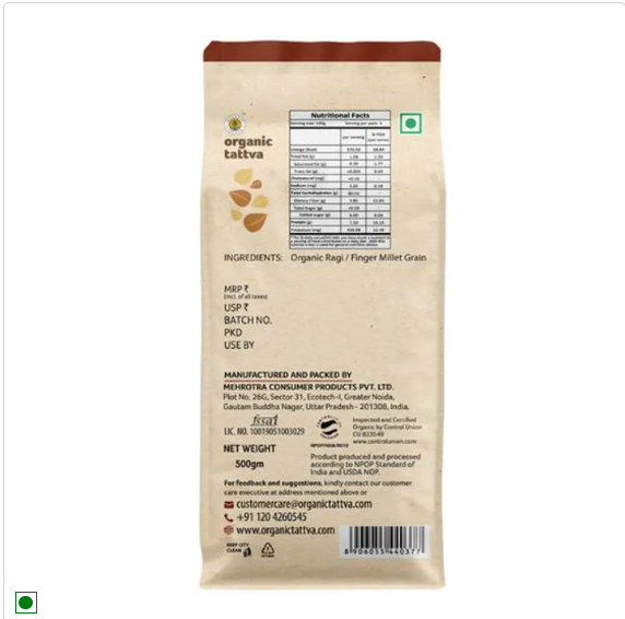 Organic Tattva Ragi Flour/Ragi Hittu, 500 g Pouch