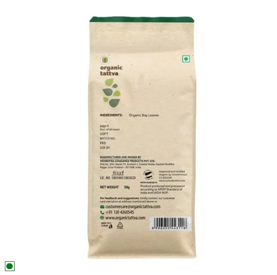 Organic Tattva Organic Bay Leaves - Natural, Vegan, Gluten-Free & No Additives, 50 g