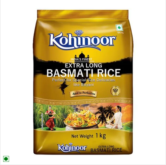 Kohinoor Basmati Rice/Basmati Akki - Extra Long, Gold, 1 kg Pouch