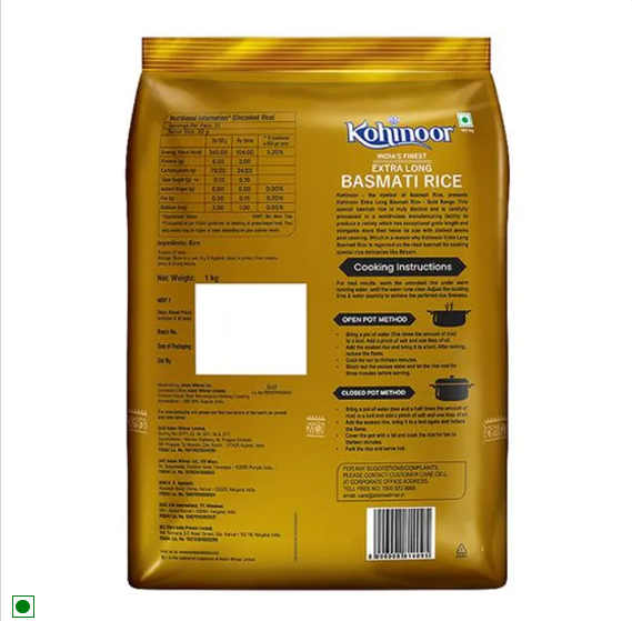 Kohinoor Basmati Rice/Basmati Akki - Extra Long, Gold, 1 kg Pouch