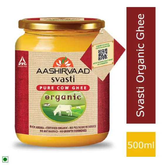 Aashirvaad Svasti Organic Cow Ghee - Rich In Aroma, No Pesticide Residues & Antibiotics, 500 ml Jar