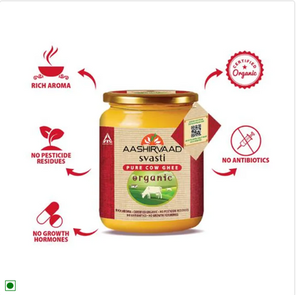 Aashirvaad Svasti Organic Cow Ghee - Rich In Aroma, No Pesticide Residues & Antibiotics, 500 ml Jar