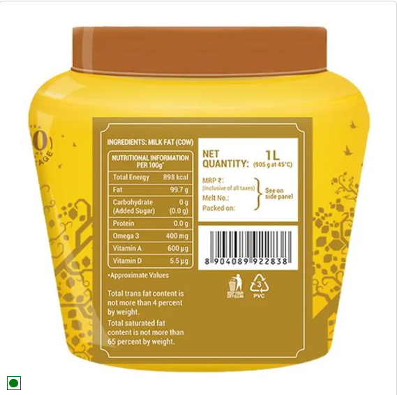 Heritage Agmarked-Cow ghee, 1 L Jar