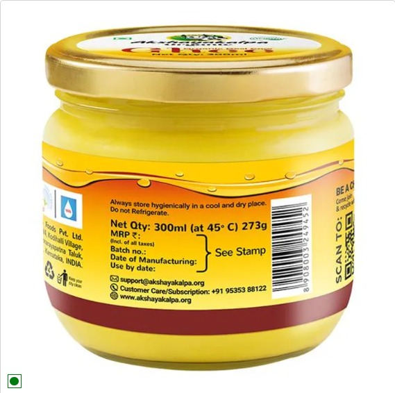 AKSHAYAKALPA Organic Desi Cow Ghee - Rich Aroma, 300 ml Bottle