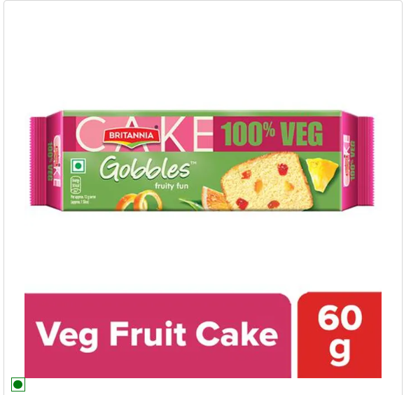 Britannia Gobbles 100% Veg Bar Cake - Fruit, Soft & Fluffy Snack, 60 g