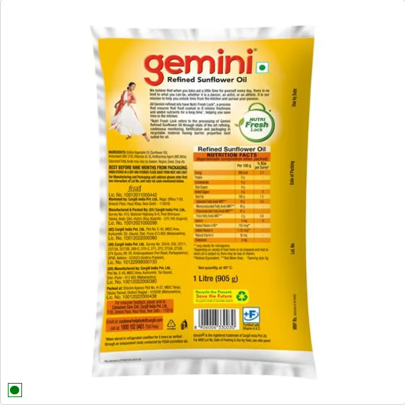 Gemini Refined Sunflower Oil - With Nutri Fresh Technology, 1 L Pouch