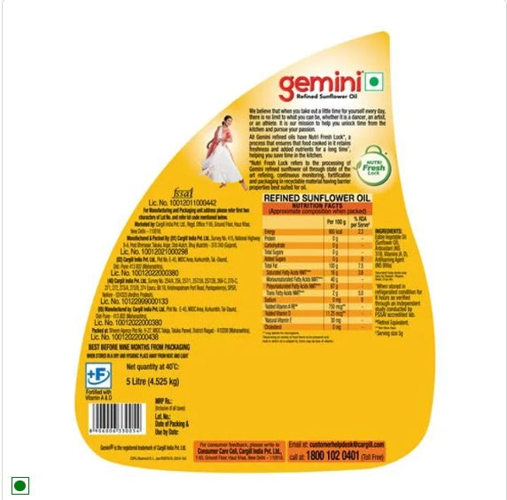 Gemini Refined Sunflower Oil - With Nutri Fresh Technology, 5 L Jar