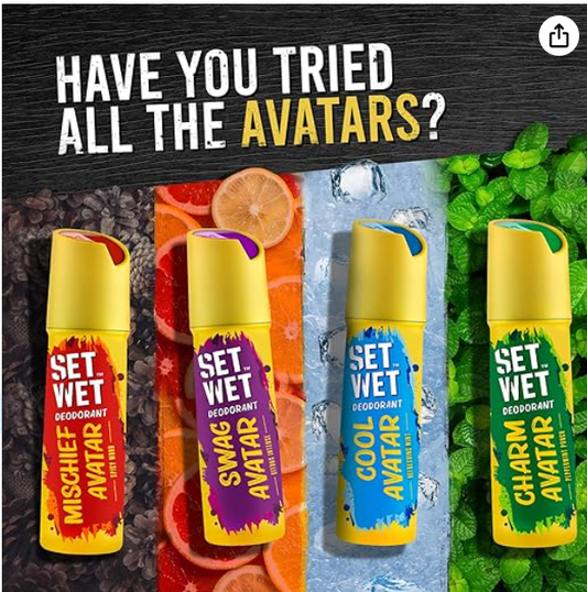 Set Wet Cool, Charm & Mischief Avatar Deodorant & Body Spray Perfume For Men, 150 ml Pack of 3