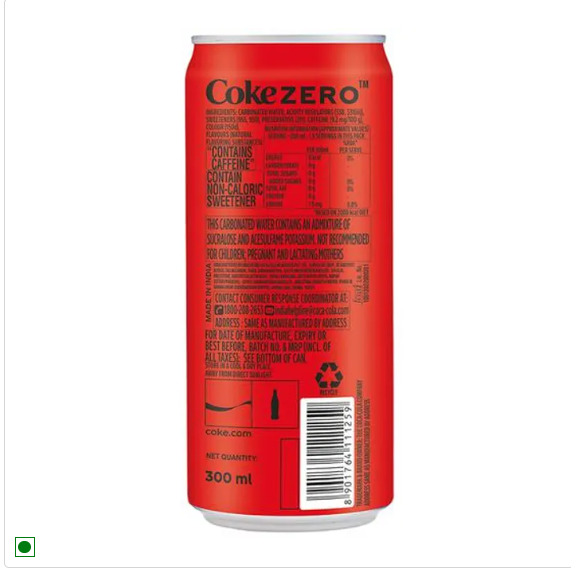 Coca Cola Zero Sugar Soft Drink, 300 ml Can