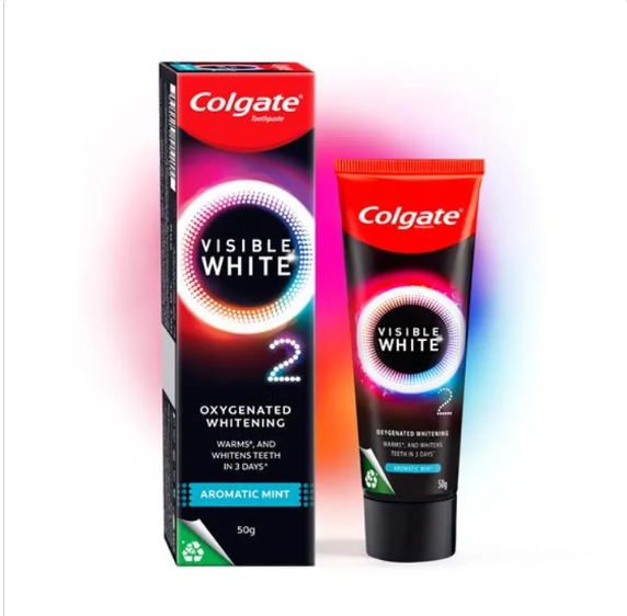 Colgate Visible White O2, Teeth Whitening Toothpaste, Aromatic Mint, Active Oxygen Technology, Enamel Safe Teeth Whitening Product, 50 g Box